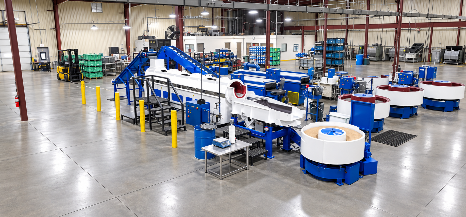 Industrial manufacturing facility with blue and white processing machinery, conveyor systems, forklift, storage bins, and polished concrete floors