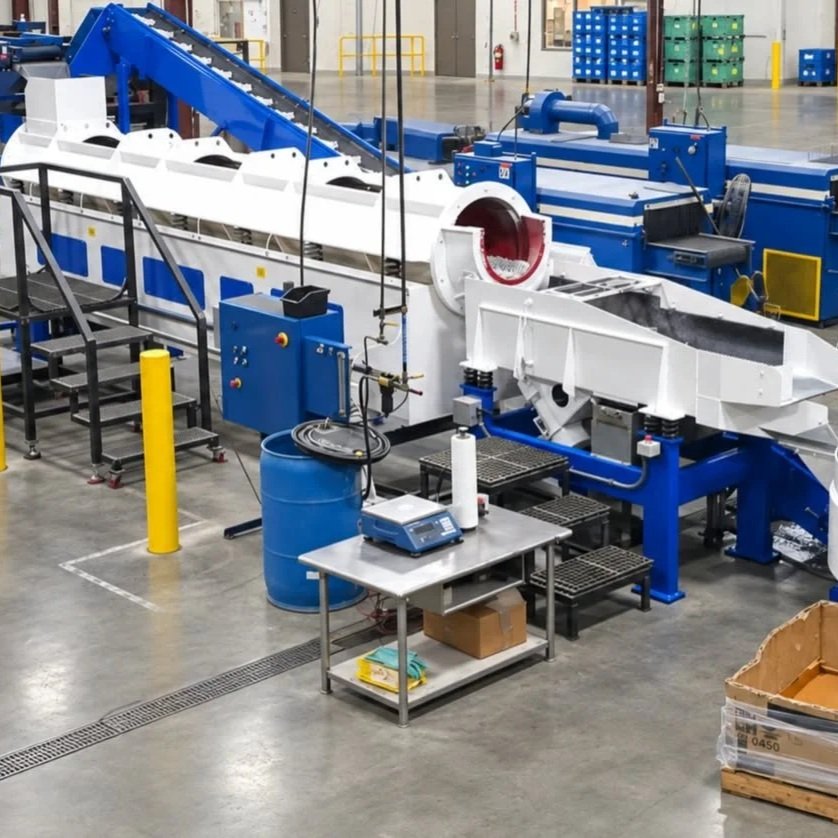 Industrial manufacturing facility with blue-and-white conveyor and processing machinery, control panel, worktable, and storage bins.