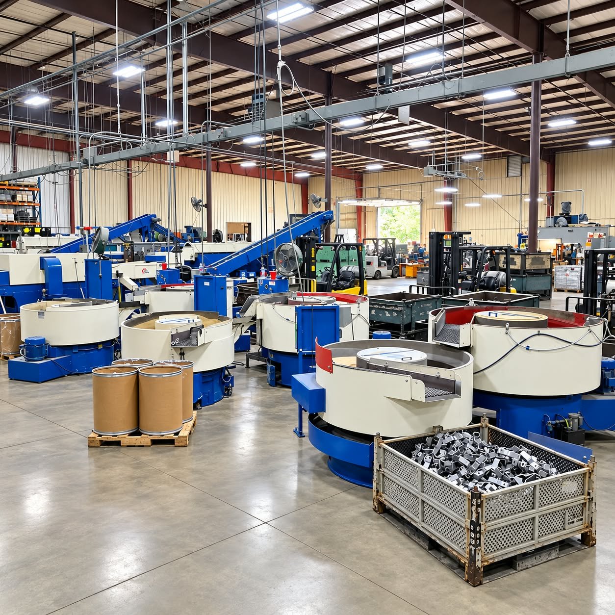 Industrial manufacturing facility with vibratory finishing machines, forklifts, metal components, and overhead conveyors