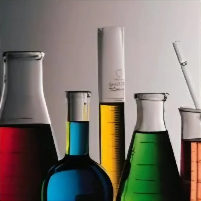 Illustration of colorful laboratory glassware, including flasks, graduated cylinders, and test tubes filled with red, blue, yellow, green, and orange liquids.