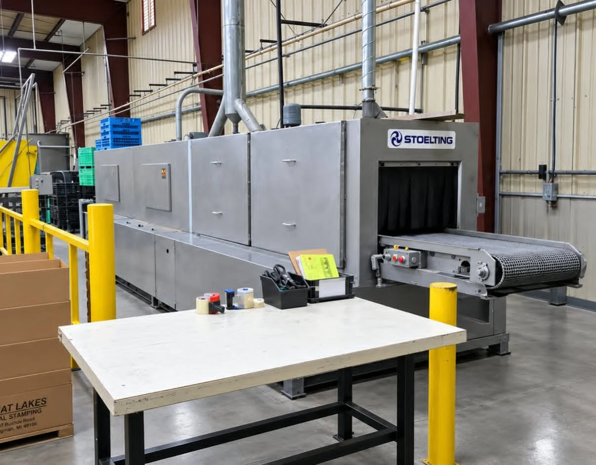 Stoelting industrial conveyor oven in a warehouse shipping and packaging area
