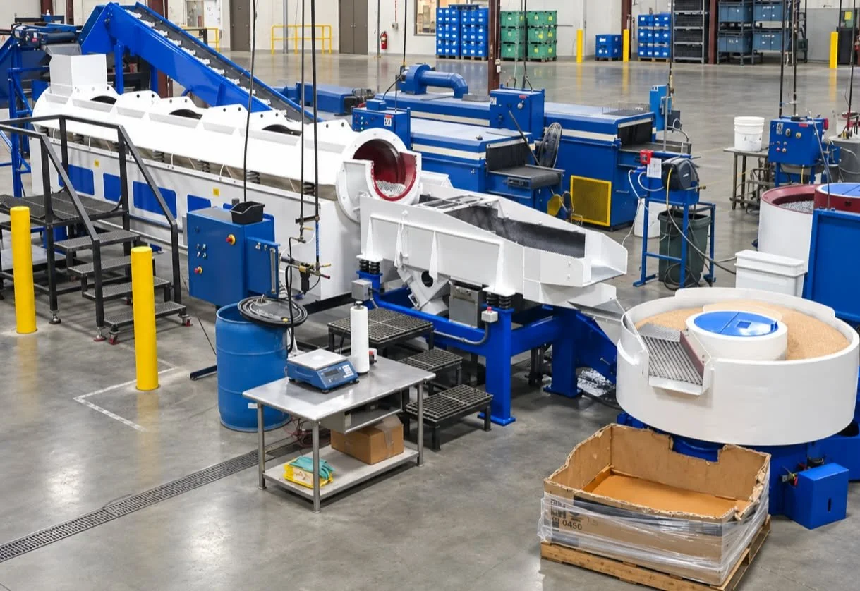 Industrial plastics processing facility with blue and white conveyor machinery, sorting equipment, storage bins, and a testing workstation.