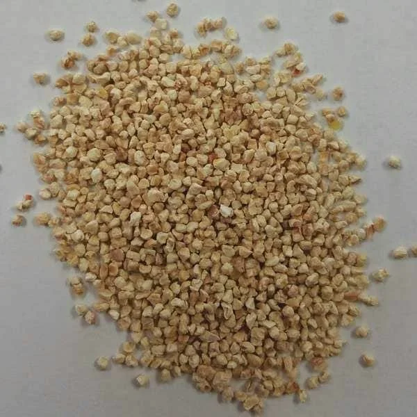 Close-up of a pile of small beige dried seeds or grains scattered on a light gray surface
