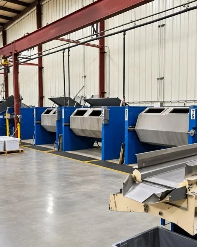 Industrial warehouse with blue metal processing machines, overhead steel beams, and conveyor equipment.