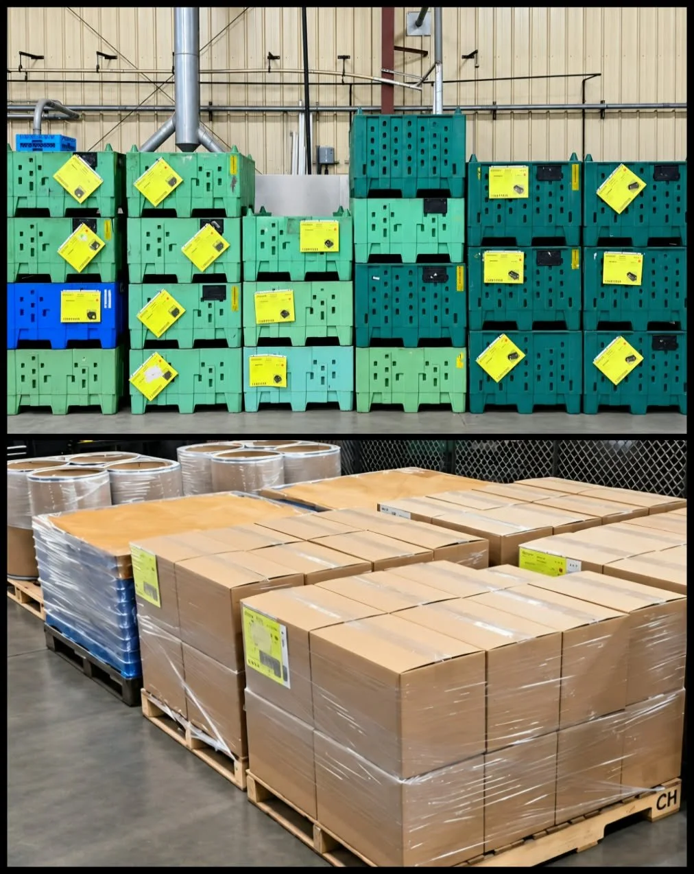 Warehouse with stacked green plastic totes and shrink-wrapped cardboard boxes on wooden pallets
