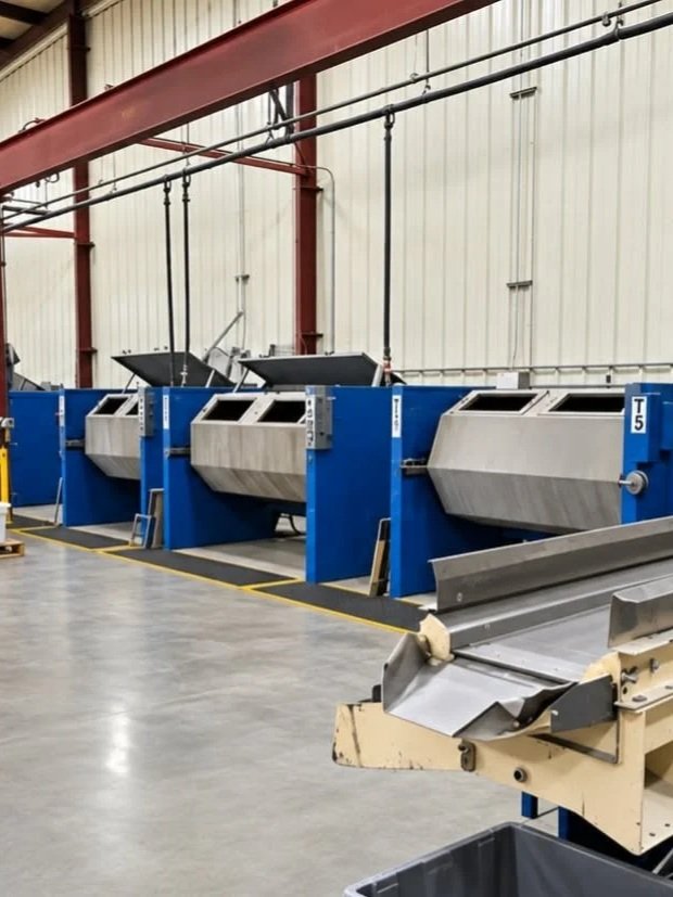 Industrial manufacturing facility with blue metal casting machines and overhead conveyor equipment