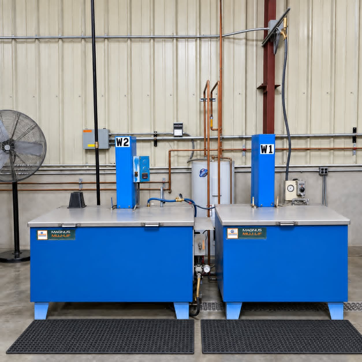Two blue Magnus Multi-Lift industrial automotive service lifts labeled W1 and W2 in a workshop.