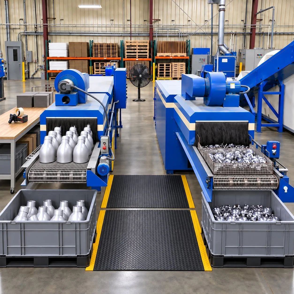 Industrial manufacturing facility with blue machinery processing silver metal components on conveyor belts, bins, and storage racks.