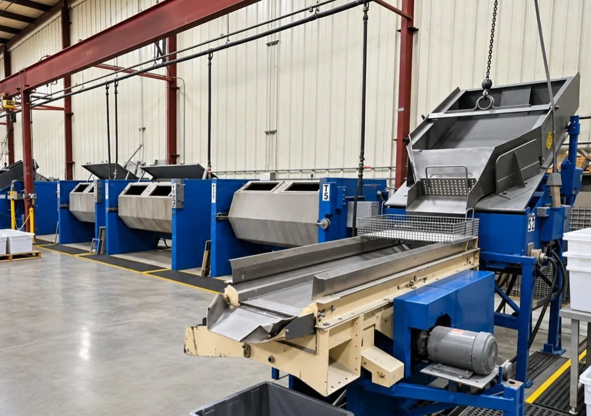 Industrial manufacturing facility with blue metal processing machines, conveyor equipment, and overhead crane systems
