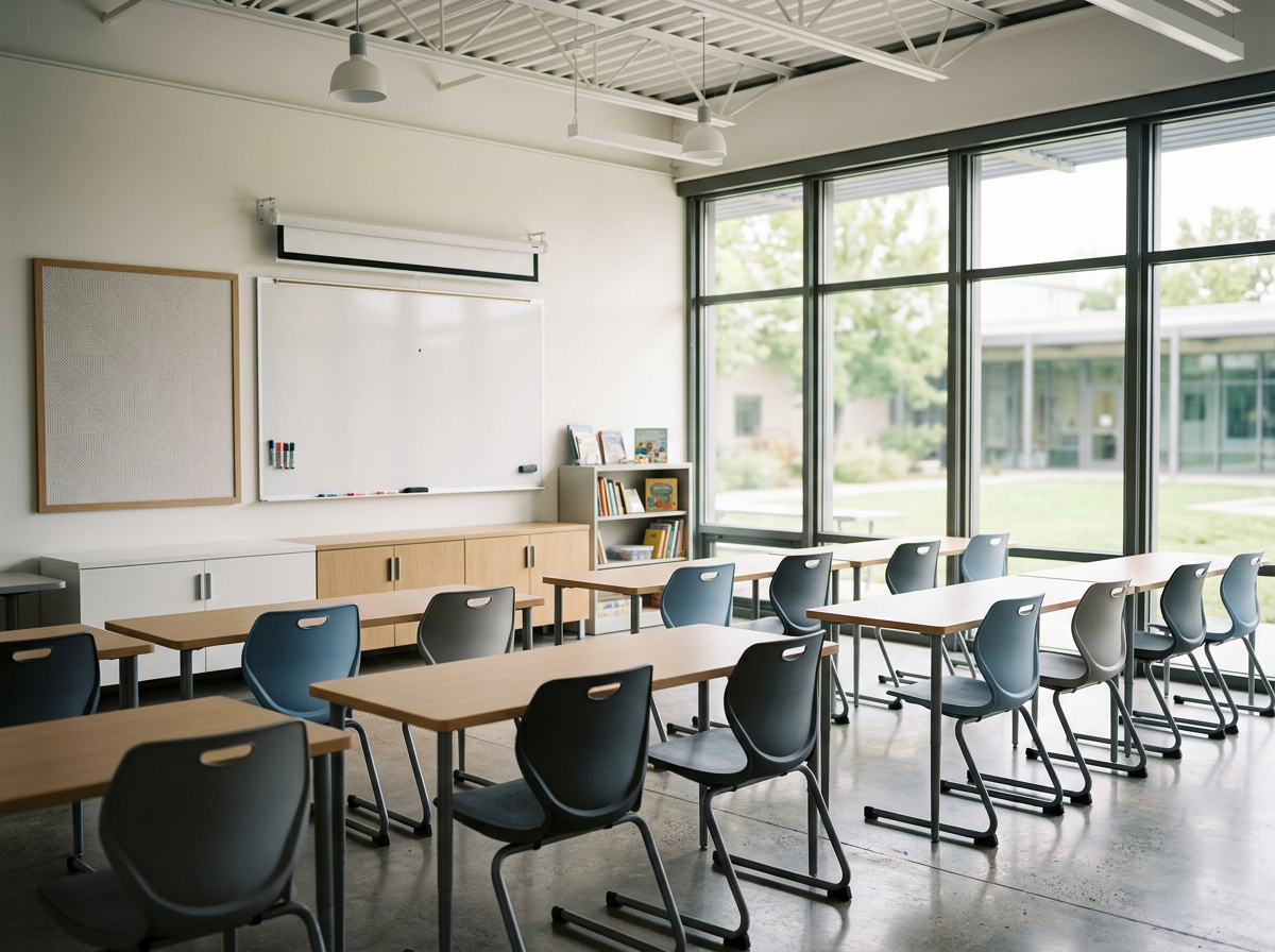 Leerer Klassenraum mit Tischen, Stühlen, Whiteboard, Bücherregal und großen Fenstern mit Blick ins Freie.
