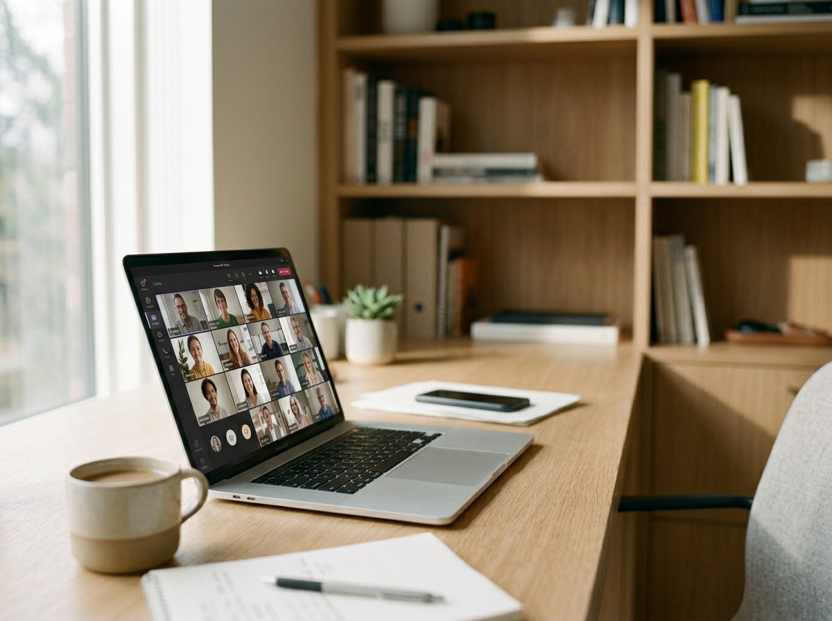Laptop zeigt eine Videokonferenz mit mehreren Teilnehmern, auf einem Schreibtisch mit Tasse, Notizbuch und Stift, im Hintergrund Bücherregal.