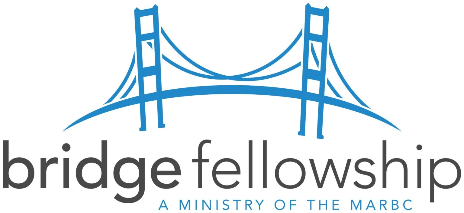 A stylized outline of the Golden Gate Bridge in blue with the words "bridge fellowship" below, and the phrase "a ministry of the MARBC" underneath in smaller blue text.