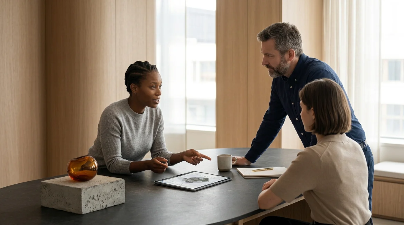 Three professionals discussing plans around a modern office table