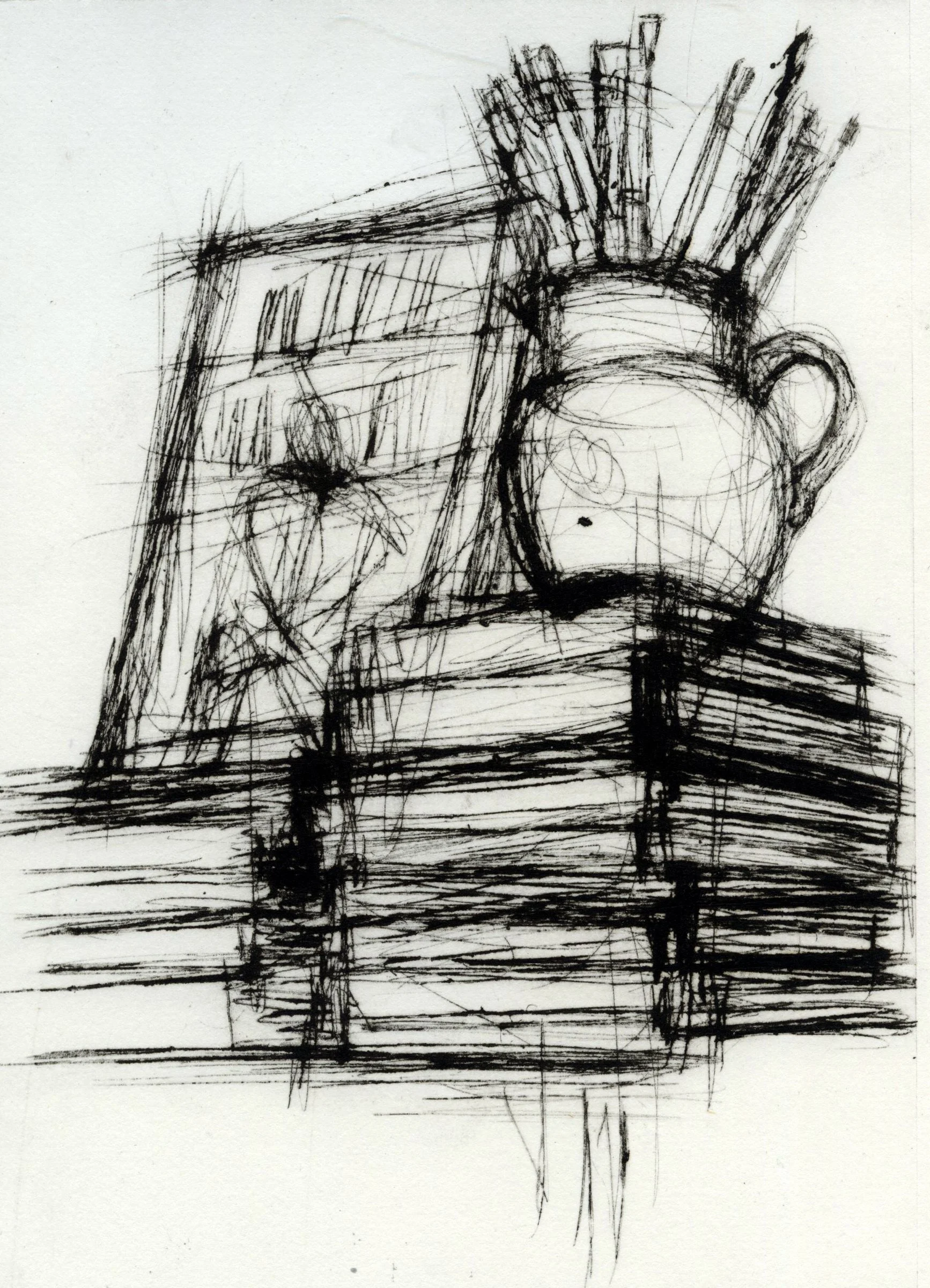 Books, Brushes and Jug, 2022, 12x21cm