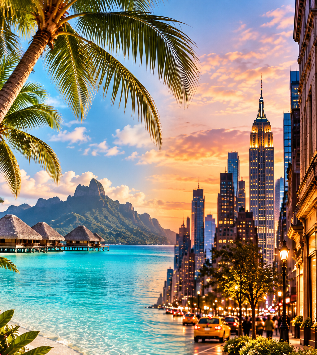 A tropical beach with overwater bungalows, palm trees, and turquoise water in the foreground. In the background, a mountain landscape under a colorful sunset sky. To the right, a city street with tall buildings, cars, and streetlights.