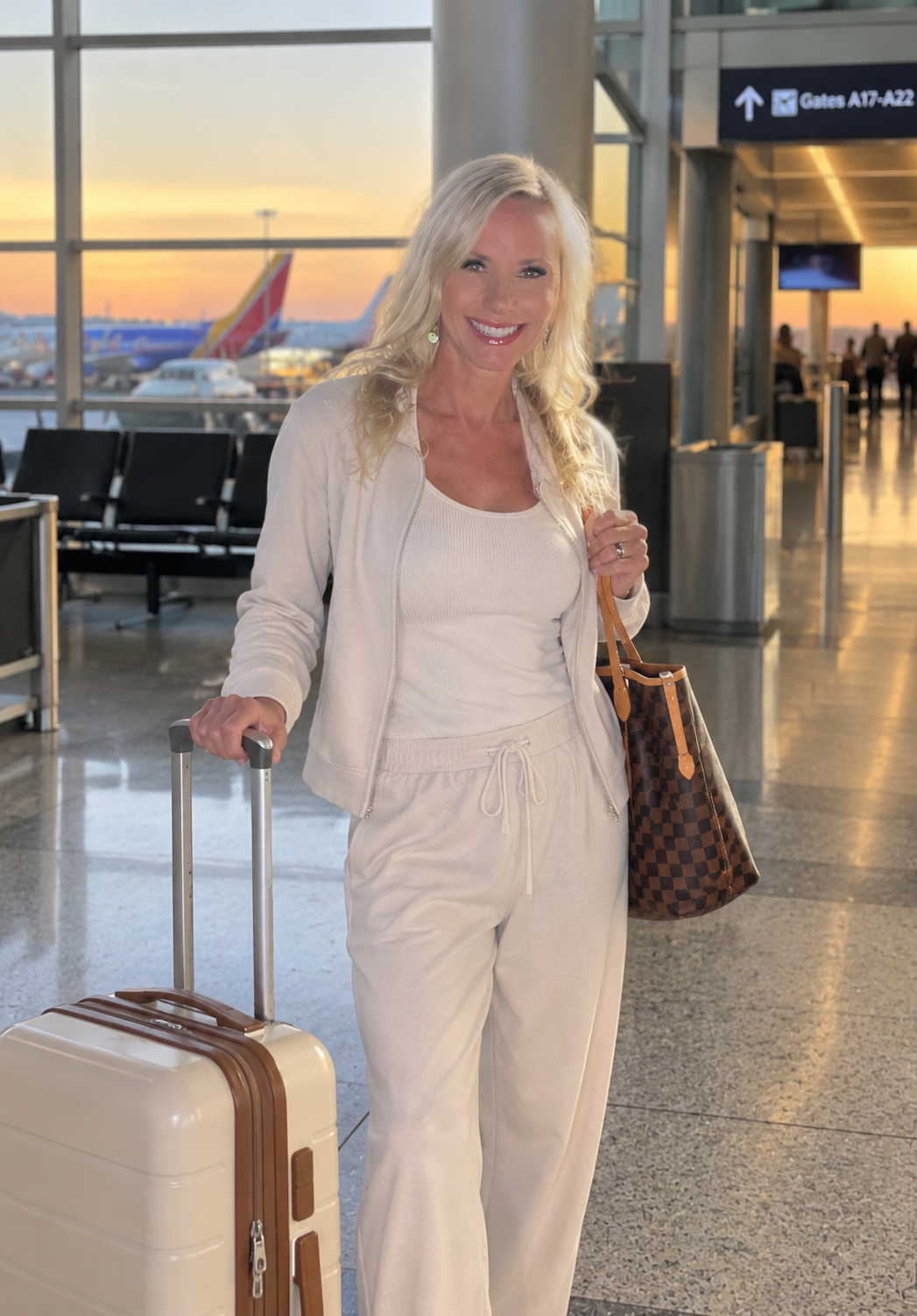 A woman with blonde hair smiling at the airport, holding a small beige rolling suitcase and a brown checkered tote bag, with airplanes visible outside through large windows during sunset.