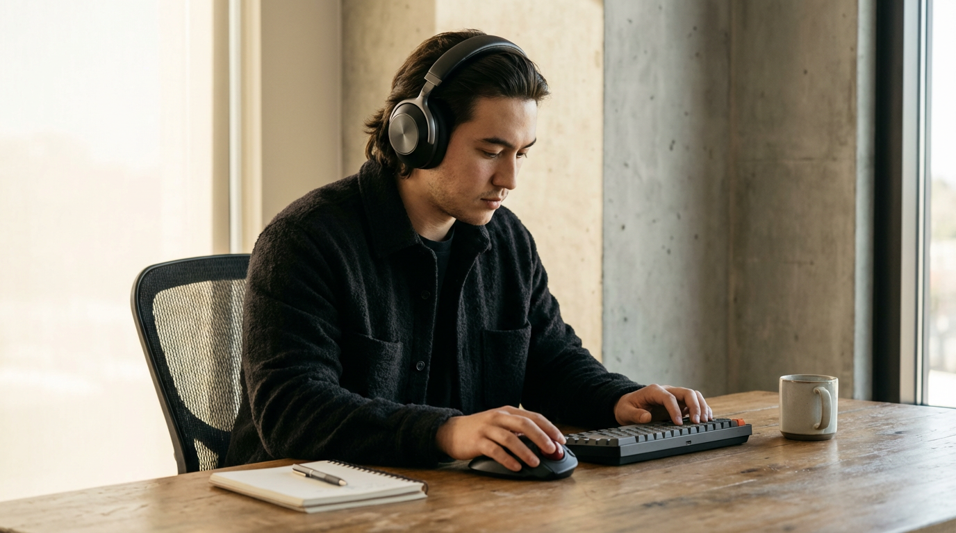 A young man with dark hair wearing headphones, a black shirt, and a dark jacket sitting at a wooden desk, working on a computer keyboard, with a notebook and pen beside him and a coffee mug, in a room with large windows.