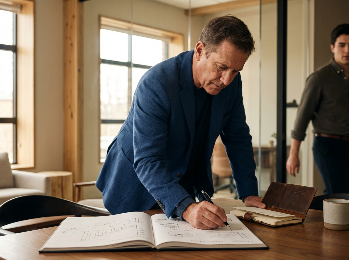 Man in a blue blazer writing in a large open notebook with graphs on a wooden table in a bright room.