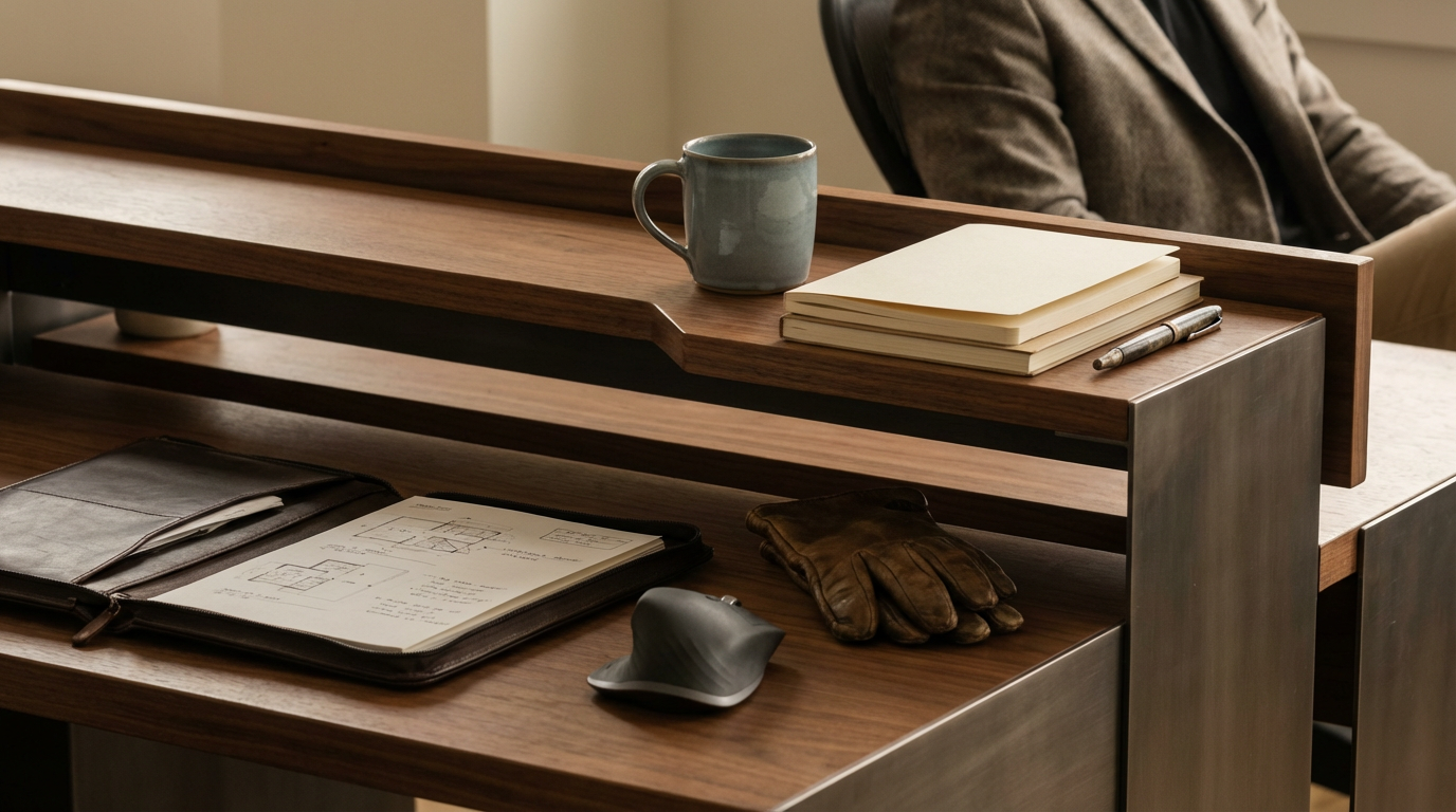 Office desk with documents, a computer mouse, a pair of leather gloves, a notepad, a pen, a ceramic mug, and a wooden divider, with a person in a suit sitting in the background.