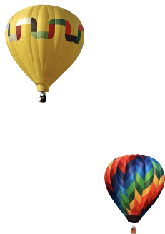 Two hot air balloons floating in the sky, one yellow with colorful stripes and one multi-colored with a diamond pattern.