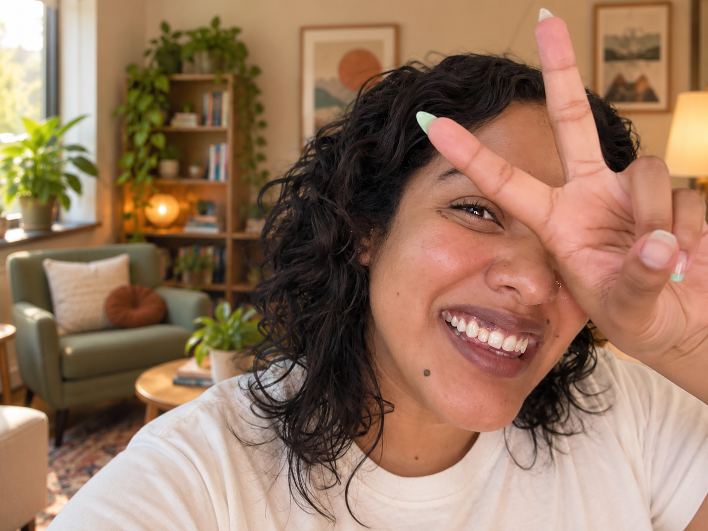 A woman with curly black hair smiling and making a peace sign with her hand in front of her face in a cozy living room with plants, books, and framed artwork.