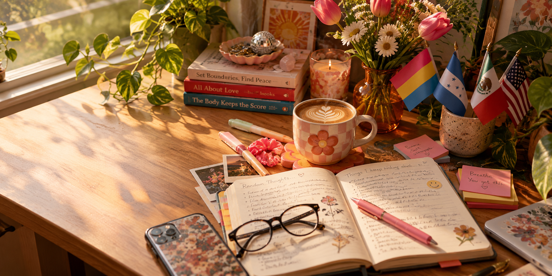 A wooden desk illuminated by sunlight, decorated with books, a cup of coffee with latte art, a pair of glasses, a pink pen, postcards, sticky notes, a smartphone, and various potted plants. There are also multiple small flags and decorative items on the desk.