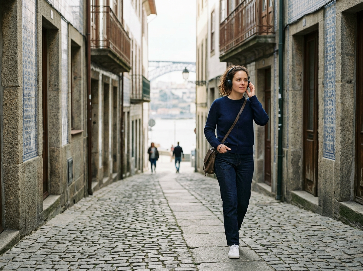 A young woman walking down a cobblestone street in a city, wearing a navy blue sweater and jeans, listening to music with headphones, carrying a shoulder bag, with other pedestrians in the background and a bridge in the distance.