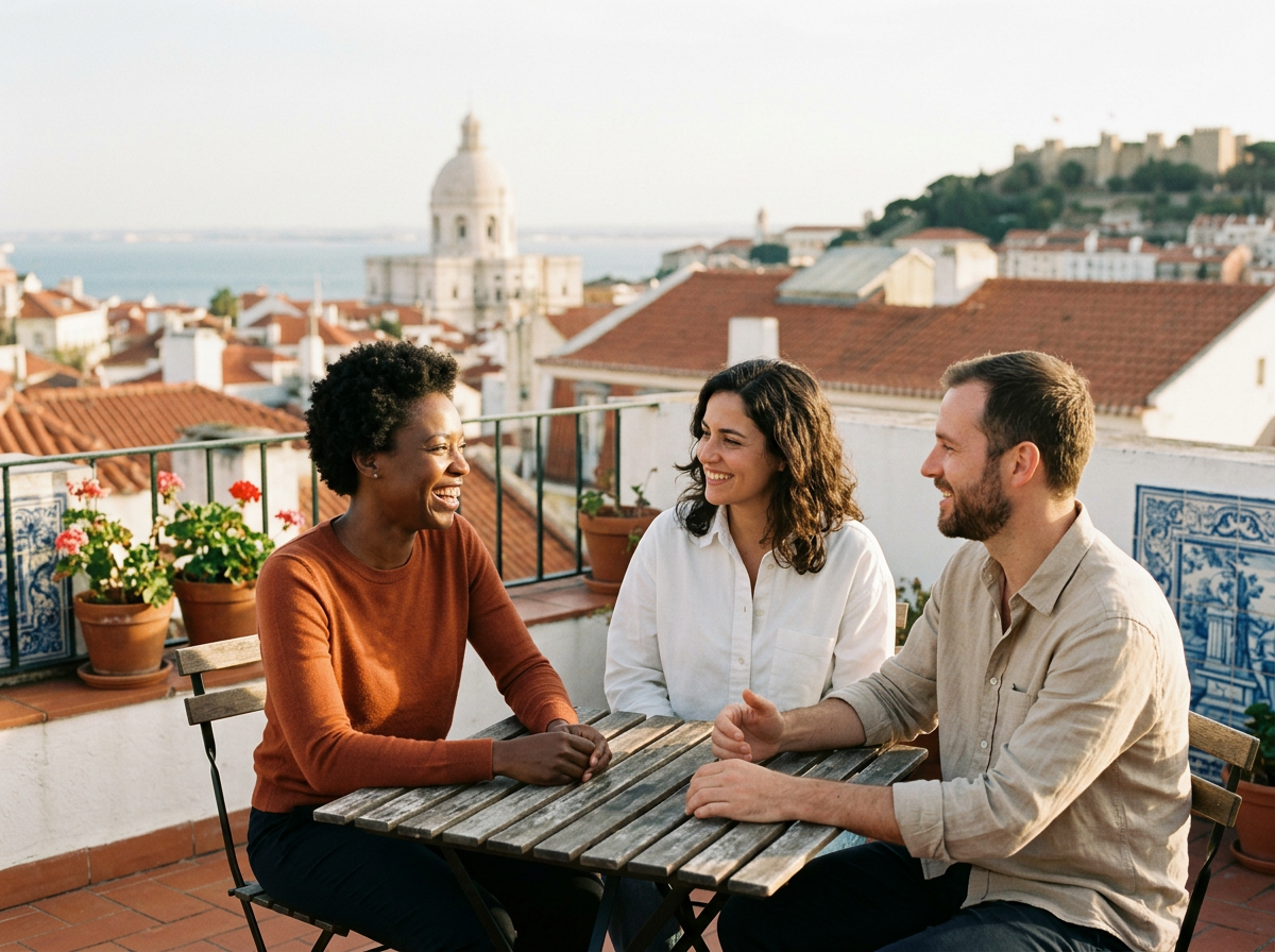 Three people sitting at a rooftop table, smiling and talking, with red-tiled roofs and a domed church tower in the background.