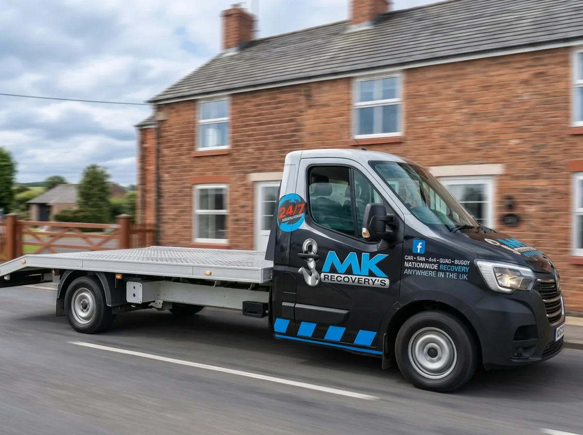 Black flatbed tow truck with blue and white company branding driving on a residential street with brick houses.