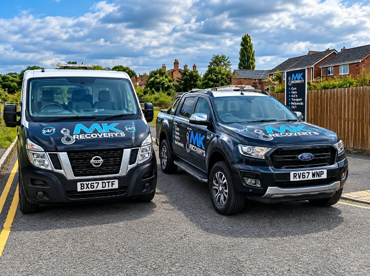 Two black vehicles with 'MK Recovery's' branding parked side by side on a road, with a residential area and cloudy sky in the background.