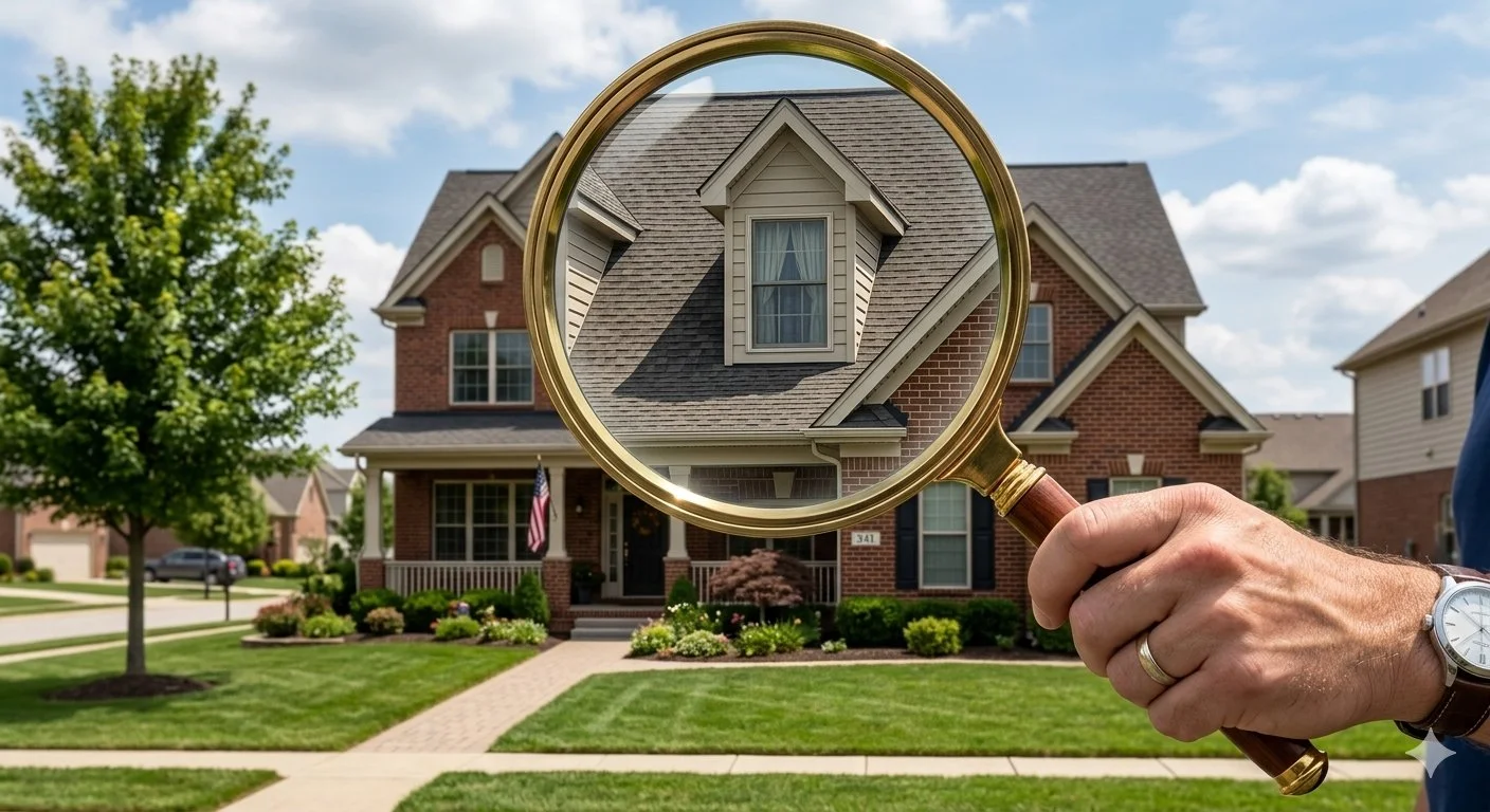 Person holding a magnifying glass over a brick house with a gray roof, green lawn, and a tree, in a suburban neighborhood.