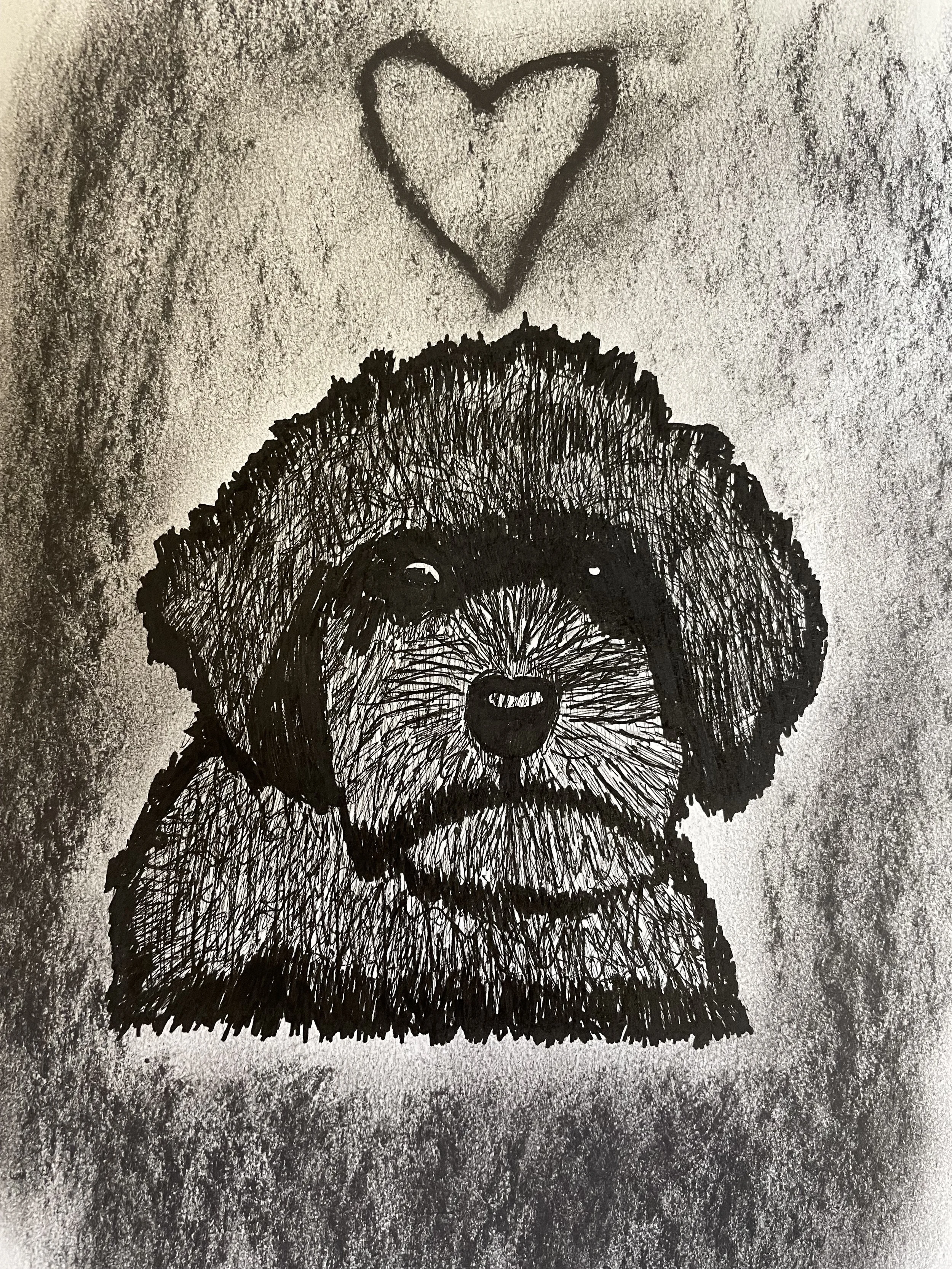 harcoal drawing of a dog beneath a heart, artwork by Mark Shelvock