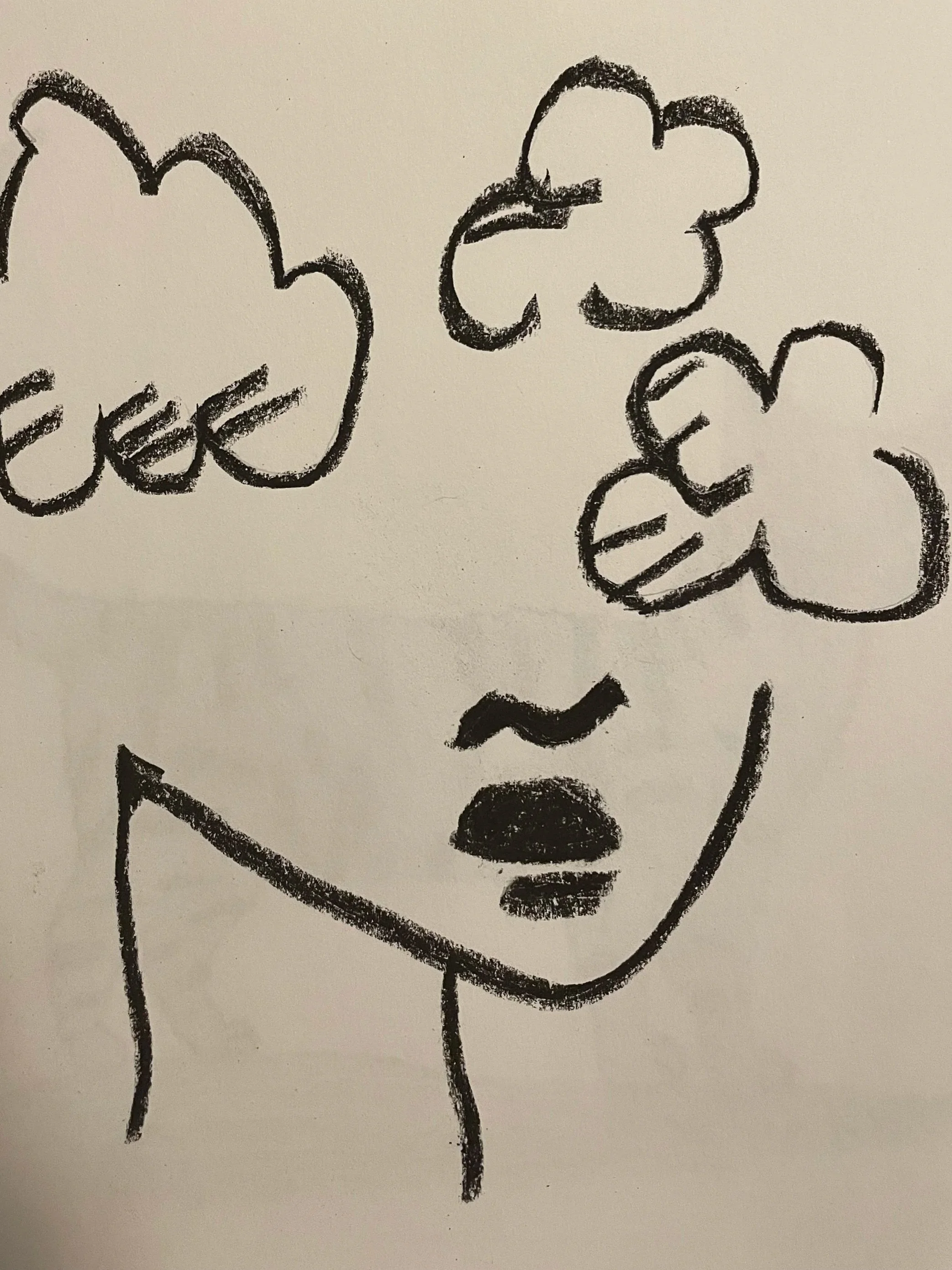 Ink drawing of a face with clouds rising from the head, artwork by Mark Shelvock