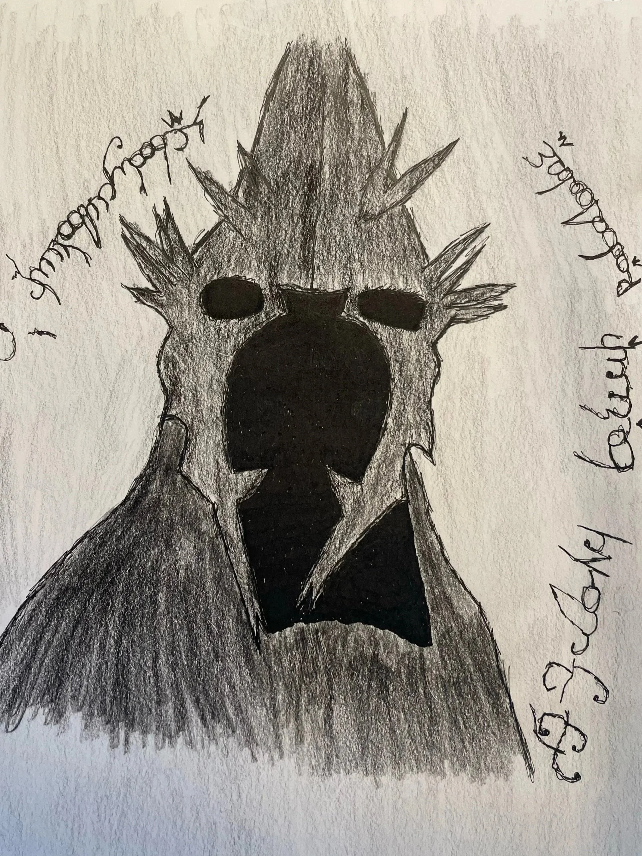 Charcoal drawing of a dark hooded figure, artwork by Mark Shelvock