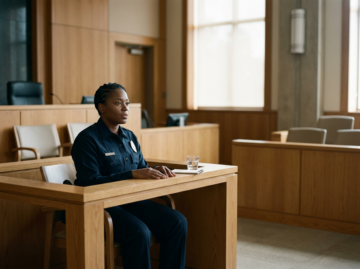 A female police officer sitting alone at a wooden table in a courtroom, with a glass of water in front of her, looking serious and focused.