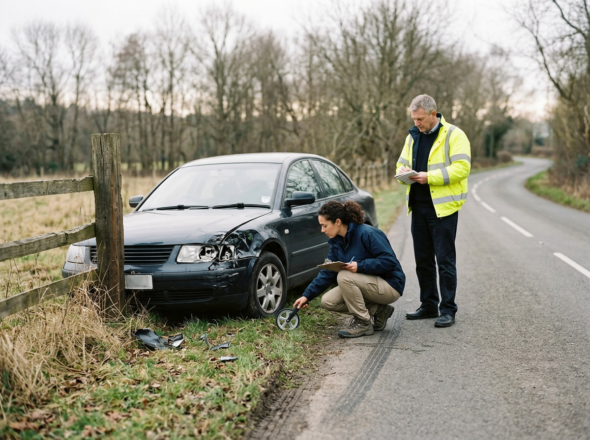 A black car has crashed into a wooden fence on the side of a rural road, with visible damage to the front left headlight and bumper. Two investigators, a woman squatting with a clipboard and a man standing with a clipboard, examine the scene, taking notes, amid overcast weather with bare trees in the background.