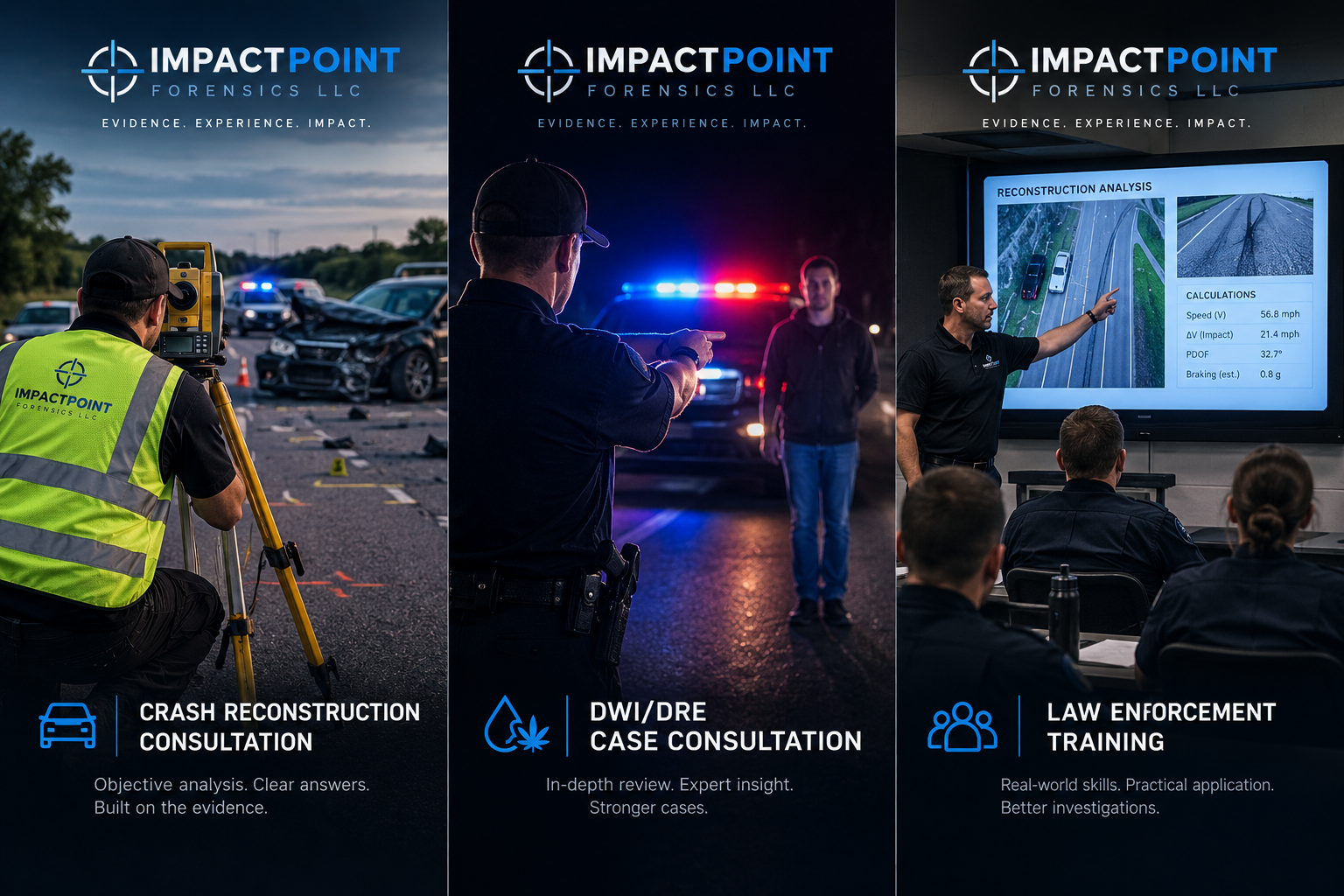 Three panels illustrating forensic investigation services. The first panel shows a crash reconstruction consultation with an investigator using surveying equipment at a car accident scene. The second panel depicts a drug recognition expert consulting with a police officer at night with police lights flashing. The third panel features a law enforcement training session where an instructor explains a digital reconstruction analysis displayed on a screen to officers.