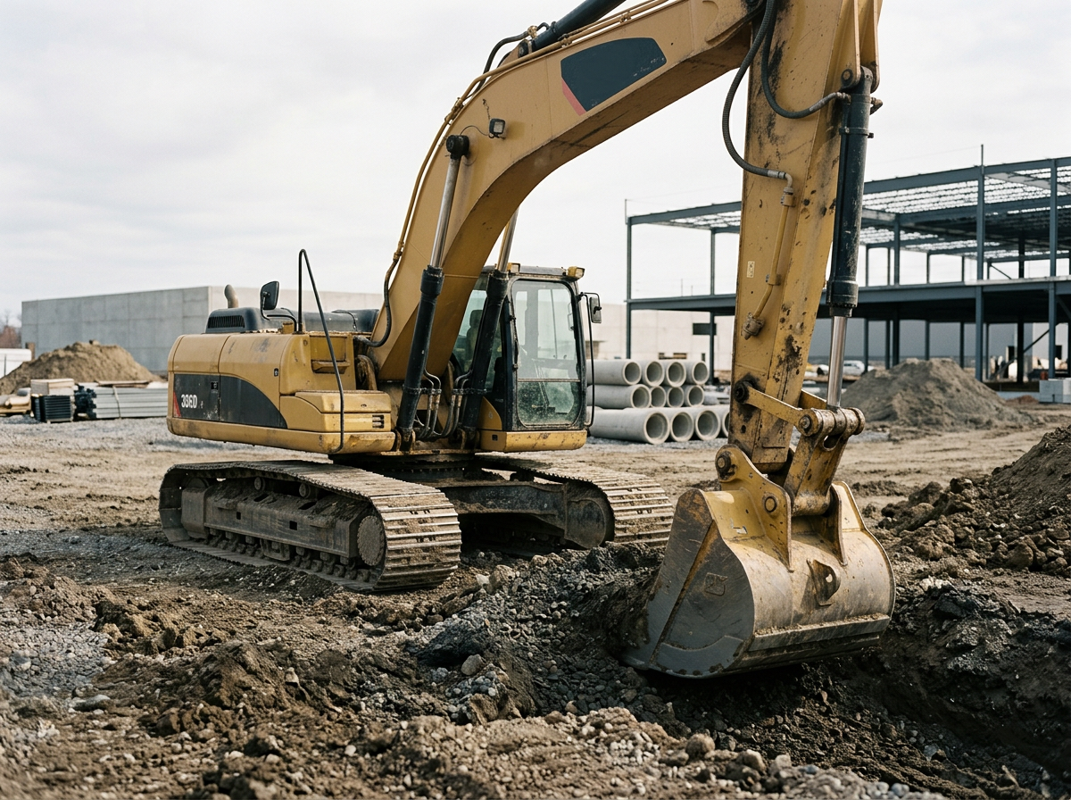 A yellow excavator at a construction site with dirt and construction materials around.