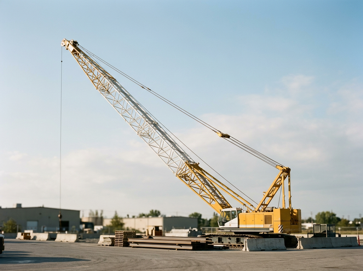 A yellow construction crane with a long boom arm extending outward, positioned on a construction site with safety barriers and building materials, under a clear blue sky.