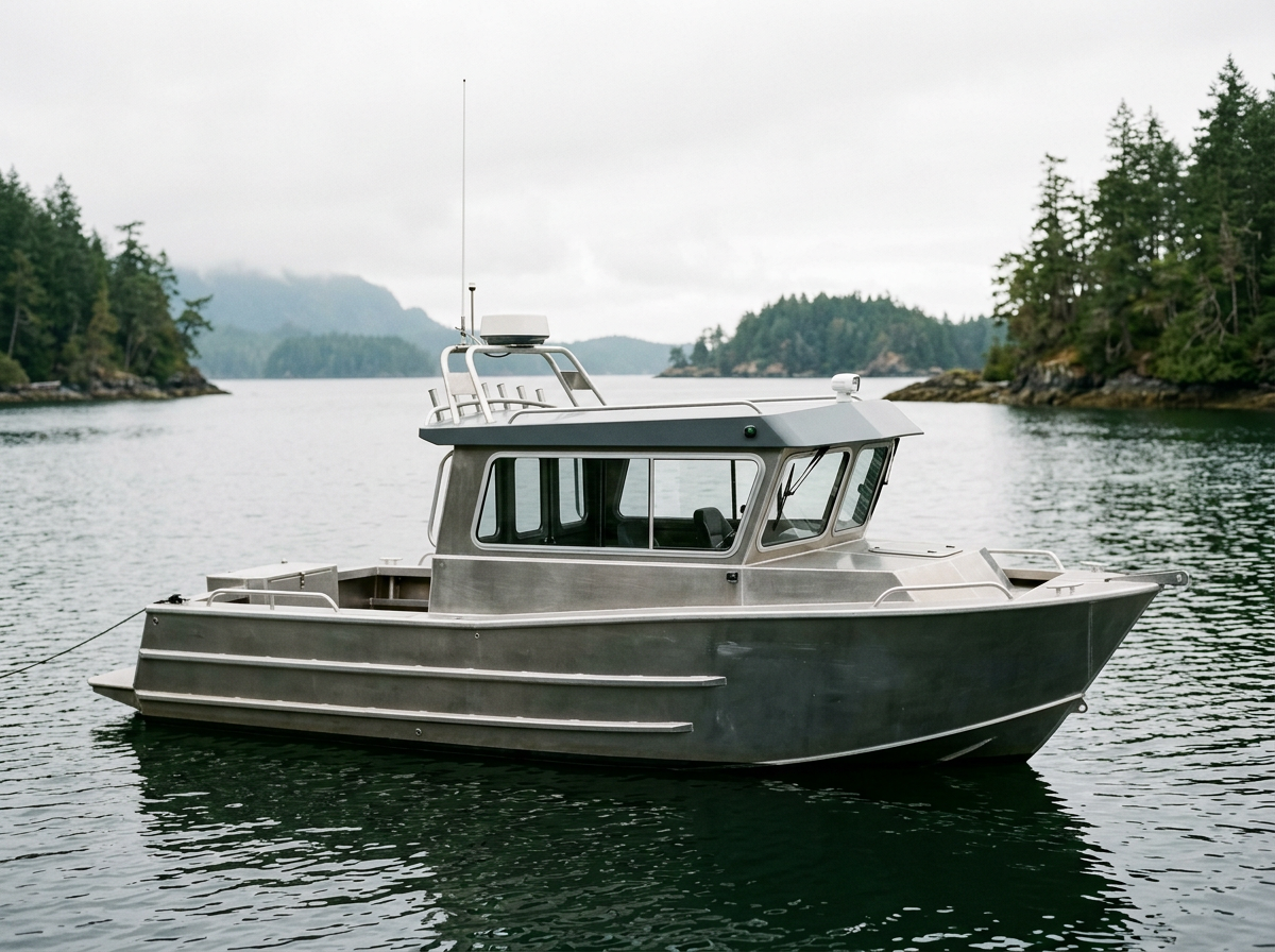 A sleek, silver motorboat floating on calm waters surrounded by lush, tree-covered islands and distant mountains under a cloudy sky.