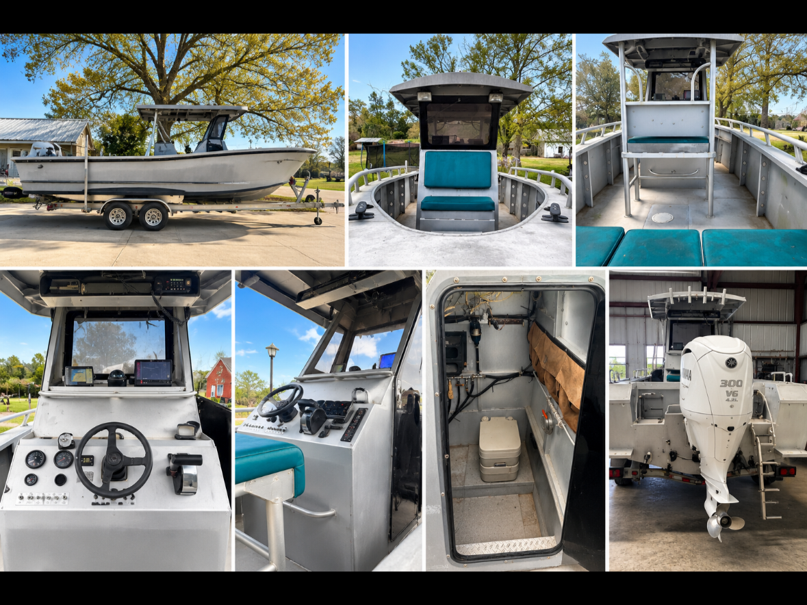 Collage of images showing a white motorboat on a trailer, with a blue canopy, steering console, and interior. Some images focus on the boat's dashboard, steering wheel, and helm with navigational equipment. The interior includes seating with turquoise cushions and a small enclosed potty area. One image shows the rear of the boat with a Yamaha 300 V6 outboard motor, stored inside a large indoor space.