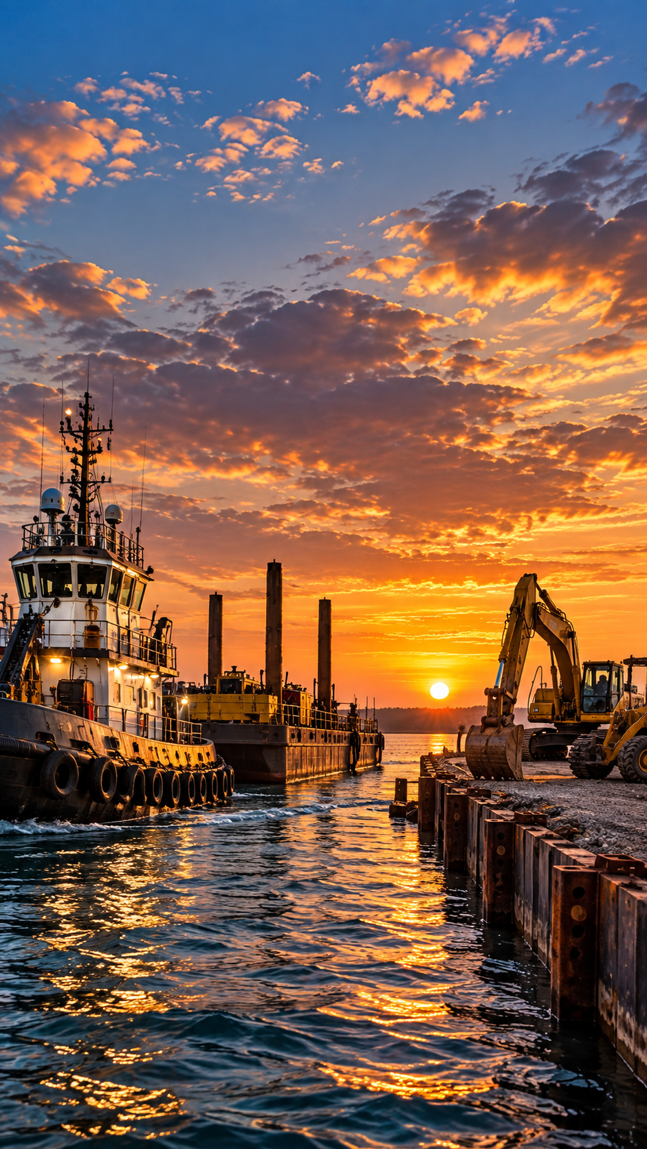 A harbor at sunset with boats and construction equipment on the pier. The sky has orange and purple clouds, and the sun is near the horizon.