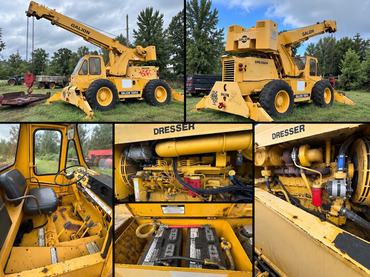 Yellow telescopic boom crane with the brand name 'Galion' and model 'Galion 150FA'. The crane has a cab interior visible with controls, and engine details shown with graffiti on the hull, set on grass with trees in the background.