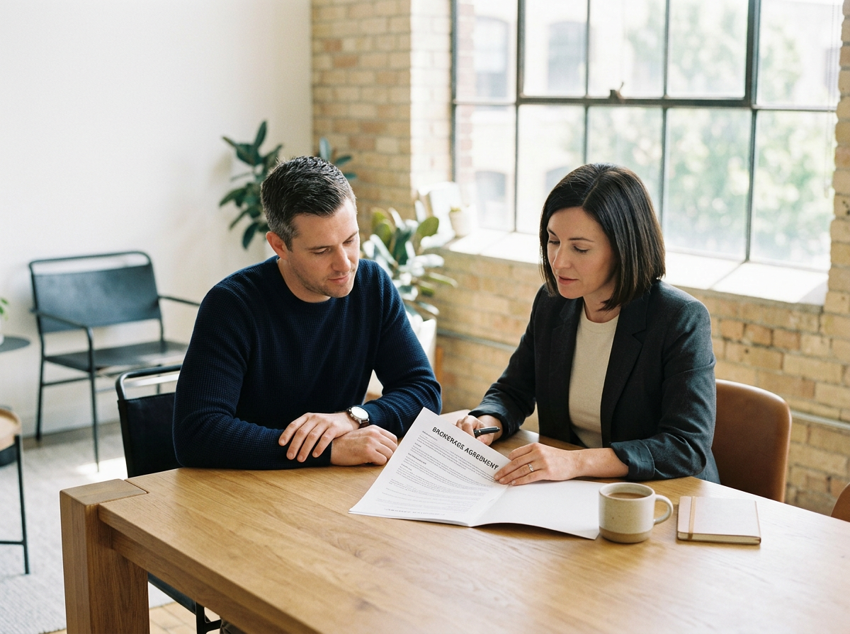A woman and a man sit at a wooden table in a modern office space, reviewing documents together. The woman is wearing a black blazer and a white shirt, and the man is dressed in a dark sweater. There is a mug and a notebook on the table. The background features a large window with a brick wall and some potted plants.