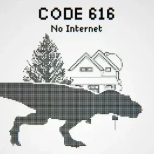 A black-and-white pixel art image showing a lizard, a house, a tree, and the text 'CODE 616 No Internet'.