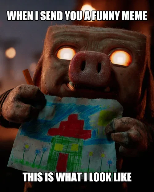 A character with a pig-like snout and glowing eyes holding a child's drawing of a red house with a green yard and blue sky.