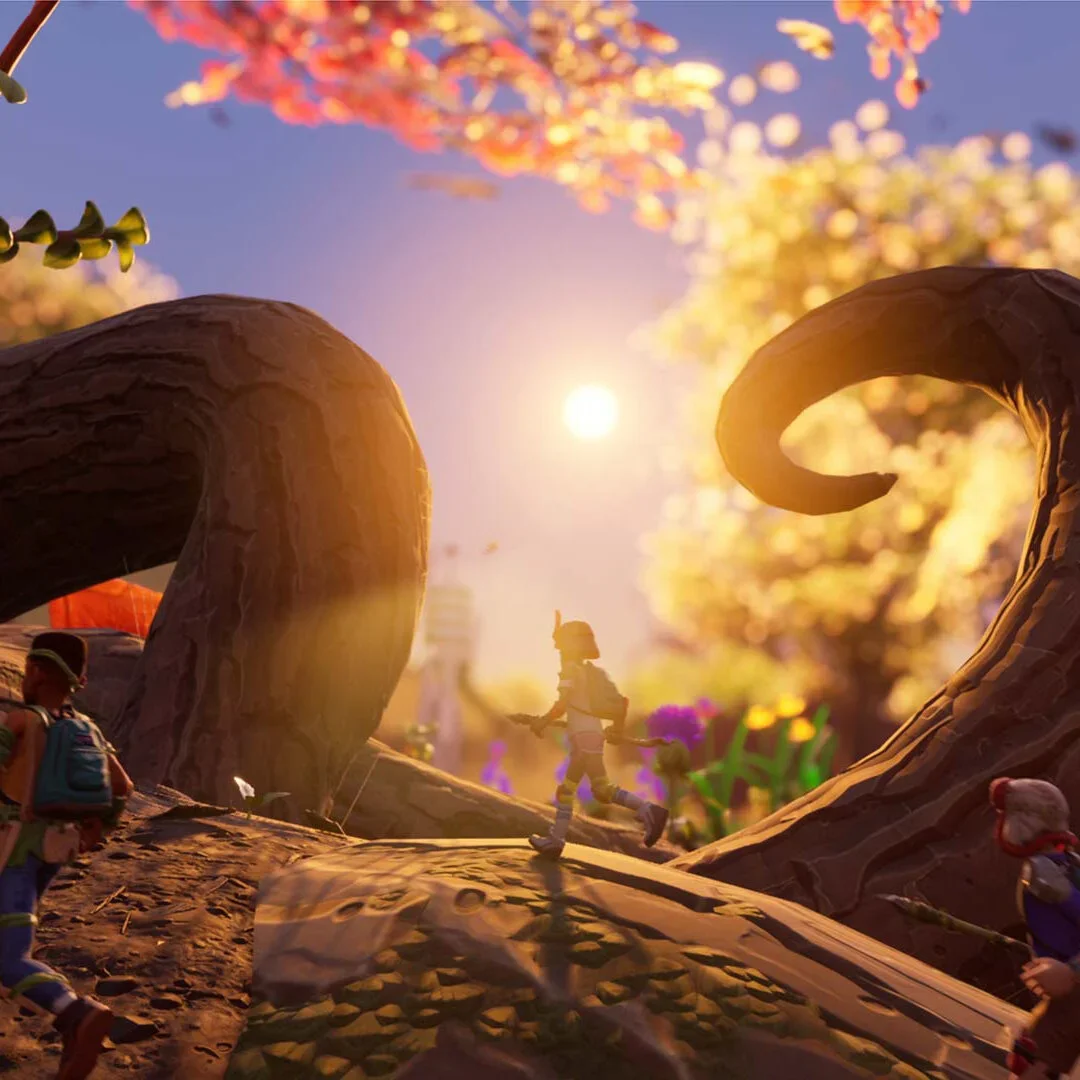 A miniature scene depicting toy soldiers running through a landscape with large, curved tree roots and colorful foliage in the background, illuminated by a bright sun or light source.