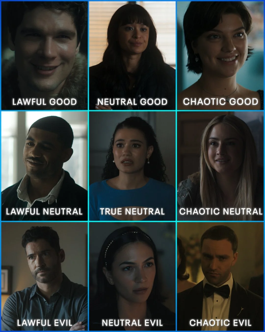Grid of nine images depicting different characters with labels indicating their moral alignment, including 'Lawful Good', 'Neutral Good', 'Chaotic Good', 'Lawful Neutral', 'True Neutral', 'Chaotic Neutral', 'Lawful Evil', 'Neutral Evil', and 'Chaotic Evil'.