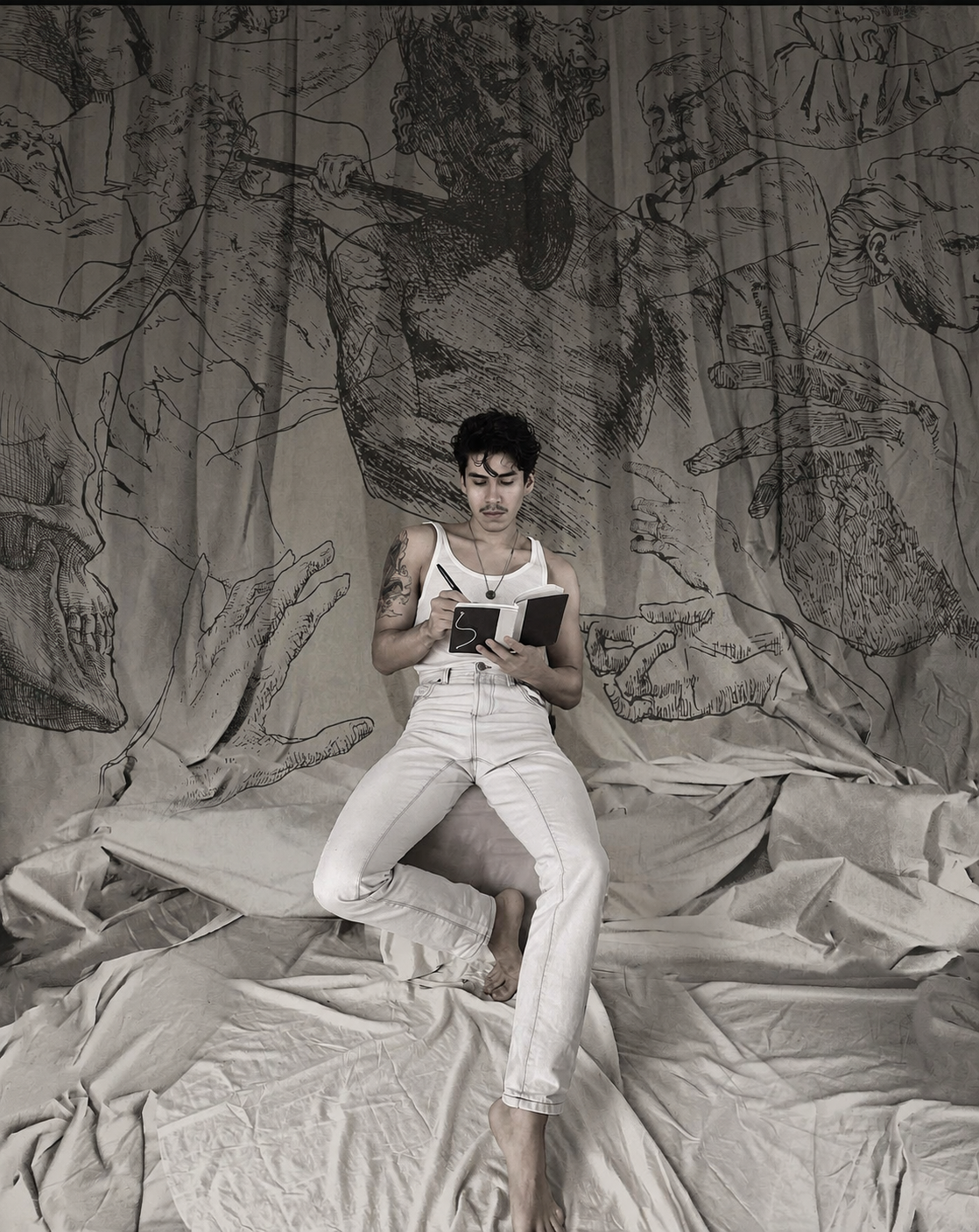 A young man with tattoos sitting barefoot on a fabric-covered surface, holding a notebook and pen, with a large artistic drawing of human figures and a face in the background.