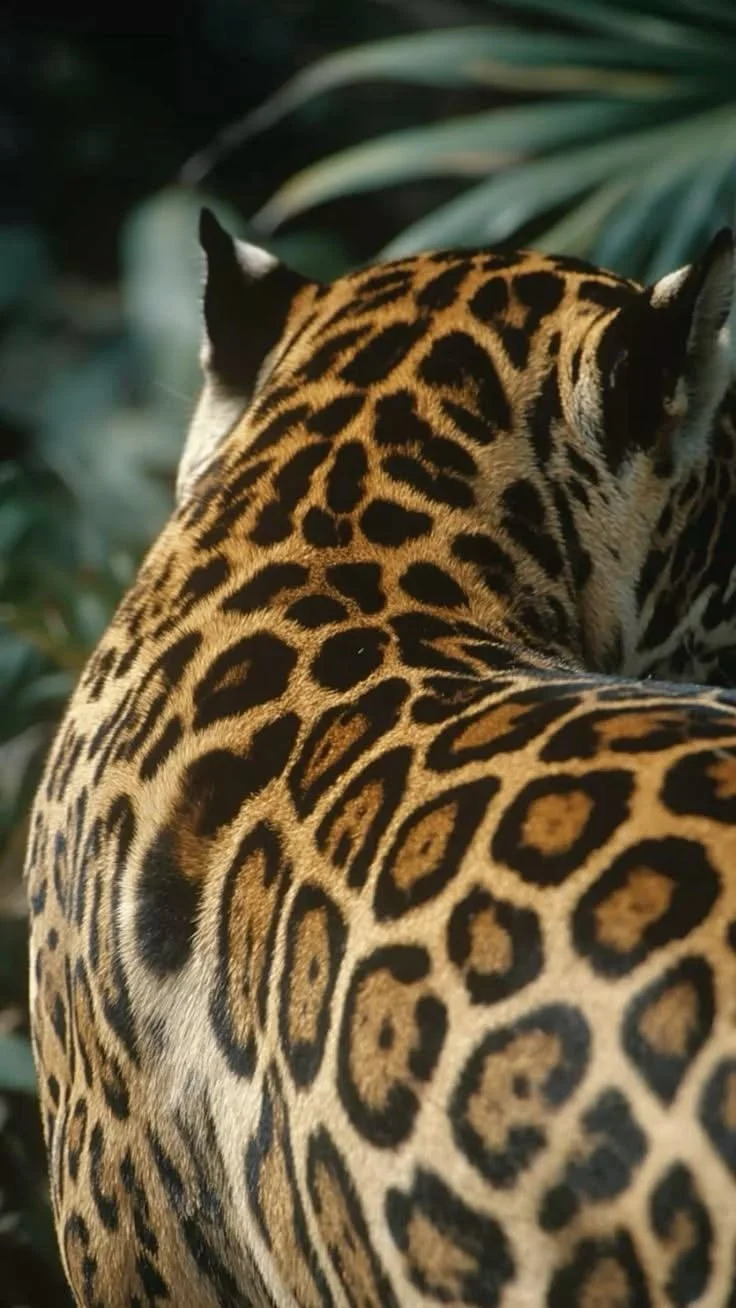 Close-up of the back of a jaguar with its distinctive spotted fur pattern, surrounded by tropical leaves.